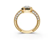 Milgrain Halo Engagement Ring Setting for Emerald Cut Center with Wide Pave Band and Prong Head in Yellow Gold