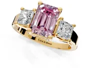 3 Stone Engagement Ring Setting for Fancy Pink Emerald Cut Center with Matching Side Accents and Prong Head in Yellow Gold