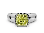 Tension Engagement Ring Setting for Fancy Yellow Princess Cut Center with Wide Flat Band and Tension Head in White Gold