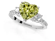 3 Stone Engagement Ring Setting for Fancy Yellow Heart-Shaped Center with Round Cut Side Accents and Prong Head in White Gold