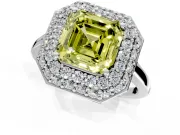 Halo Engagement Ring Setting for Fancy Yellow Asscher Cut Center with Plain Tapered Band and Prong Head in Platinum