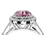 Double Halo Engagement Ring Setting for Fancy Pink Round Cut Center with Narrow Pave Split Shank and Prong Head in Sterling Silver