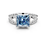 Halo Engagement Ring Setting for Fancy Blue Princess Cut Center with Rope Twist Split Shank and Prong Head in Platinum