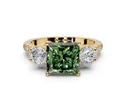3 Stone Engagement Ring Setting for Fancy Green Princess Cut Center with Crossover Basket, Pave Band and Prong Head in Yellow Gold