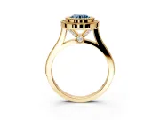 Halo Engagement Ring Setting for Fancy Blue Round Cut Center with Milgrain Frame, Pave Band and Prong Head in Yellow Gold