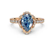 Halo Engagement Ring Setting for Fancy Blue Pear-Shaped Center with Openwork Halo, Pave Band and Prong Head in Rose Gold