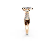 3 Stone Engagement Ring Setting for Pear-Shaped Center with Pave Split Shank and Prong Head in Rose Gold