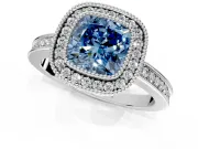 Halo Engagement Ring Setting for Fancy Blue Cushion Cut Center with Milgrain Halo, Pave Band and Prong Head in White Gold
