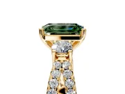 3 Stone Engagement Ring Setting for Fancy Green Emerald Cut Center with Pave Split Shank and Prong Head in Yellow Gold