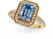 Milgrain Halo Engagement Ring Setting for Fancy Blue Emerald Cut Center with Three-Sided Pave Band and Prong Head in Yellow Gold