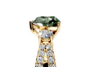 3 Stone Engagement Ring Setting for Fancy Green Heart-Shaped Center with Pave Split Shank and Prong Head in Yellow Gold