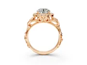 Halo Engagement Ring Setting for Round Cut Center with Open Scroll Shoulders and Prong Head in Rose Gold