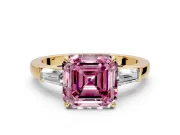 3 Stone Engagement Ring Setting for Fancy Pink Asscher Cut Center with Baguette Accents and Prong Head in Yellow Gold