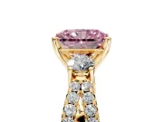 3 Stone Engagement Ring Setting for Fancy Pink Radiant Cut Center with Pave Split Shank and Prong Head in Yellow Gold