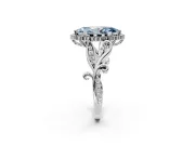 Halo Engagement Ring Setting for Fancy Blue Marquise Center with Leaf Motif Split Shank and Prong Head in Platinum