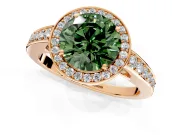 Bezel-Framed Halo Engagement Ring Setting for Fancy Green Round Cut Center with Pave Band and Prong Head in Rose Gold
