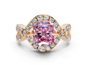 Halo Engagement Ring Setting for Fancy Pink Radiant Cut Center with Pave Infinity Twist Band and Prong Head in Rose Gold