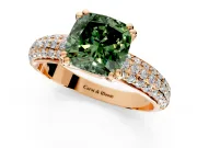 Solitaire Engagement Ring Setting for Fancy Green Cushion Cut Center with Multi-Row Pave Accents and Basket Head in Rose Gold