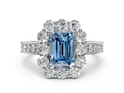 Halo Engagement Ring Setting for Fancy Blue Emerald Cut Center with Milgrain Channel Band and Prong Head in Sterling Silver