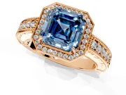 Milgrain Halo Engagement Ring Setting for Fancy Blue Asscher Cut Center with Pave Band and Prong Head in Rose Gold