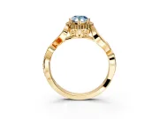 Halo Engagement Ring Setting for Fancy Blue Pear-Shaped Center with Leaf Motif Split Shank and Prong Head in Yellow Gold