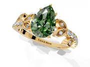 Leaf Motif Engagement Ring Setting for Fancy Green Pear-Shaped Center with Pave Band and Prong Head in Yellow Gold
