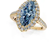 Halo Engagement Ring Setting for Fancy Blue Marquise Center with Narrowing Pave Band and Prong Head in Yellow Gold