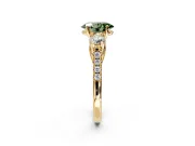 3 Stone Engagement Ring Setting for Fancy Green Oval Center with Crossover Basket, Pave Band and Prong Head in Yellow Gold