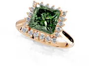 Starburst Halo Engagement Ring Setting for Fancy Green Princess Cut Center with Thin Round-Wire Band and Prong Head in Rose Gold