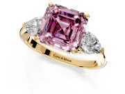 3 Stone Engagement Ring Setting for Fancy Pink Asscher Cut Center with Large Pear-Shaped Accents and Prong Head in Yellow Gold