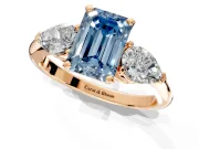 3 Stone Engagement Ring Setting for Fancy Blue Emerald Cut Center with Large Pear-Shaped Accents and Prong Head in Rose Gold