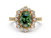 Milgrain Halo Engagement Ring Setting for Fancy Green Oval Center with Bezel Point Accents and Prong Head in Yellow Gold
