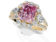 Halo Engagement Ring Setting for Fancy Pink Radiant Cut Center with Two-Strand Split Shank and Prong Head in Yellow Gold