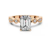 Solitaire Engagement Ring Setting for Emerald Cut Center with Milgrain Bezel Accents and Prong Head in Rose Gold