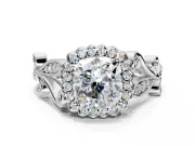 Halo Engagement Ring Setting for Cushion Cut Center with Leaf Motif Split Shank and Prong Head in Sterling Silver