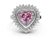 Halo Engagement Ring Setting for Fancy Pink Heart-Shaped Center with Milgrain Bezel Rim, Plain Band and Prong Head in White Gold