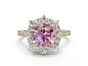 Halo Engagement Ring Setting for Fancy Pink Round Cut Center with Single-Row Pave, Open Basket and Prong Head in Yellow Gold