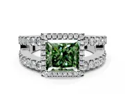 Halo Engagement Ring Setting for Fancy Green Princess Cut Center with Wide-Open Pave Split Shank and Prong Head in Sterling Silver