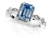 Milgrain Bezel Engagement Ring Setting for Fancy Blue Emerald Cut Center with Marquise Stations and Bezel Head in White Gold