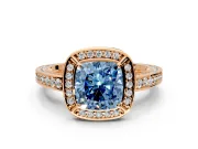 Halo Engagement Ring Setting for Fancy Blue Cushion Cut Center with Framed Halo, Pave Band and Prong Head in Rose Gold