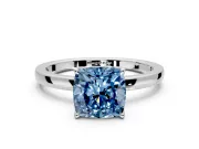 Solitaire Engagement Ring Setting for Fancy Blue Cushion Cut Center with Thin Rounded Plain Band and Prong Head in White Gold