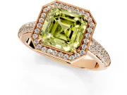 Milgrain Halo Engagement Ring Setting for Fancy Yellow Asscher Cut Center with Three-Sided Pave Band and Prong Head in Rose Gold