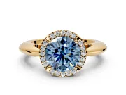 Halo Engagement Ring Setting for Fancy Blue Round Cut Center with Tapered Plain Band and Prong Head in Yellow Gold