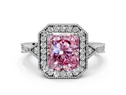 Halo Engagement Ring Setting for Fancy Pink Radiant Cut Center with Milgrain Rim, Pave Band and Prong Head in Sterling Silver