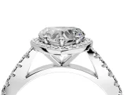 Halo Engagement Ring Setting for Heart-Shaped Center with Full Pave Band and Prong Head in White Gold