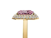Halo Engagement Ring Setting for Fancy Pink Radiant Cut Center with Plain Tapered Band and Prong Head in Yellow Gold