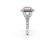 Double Halo Engagement Ring Setting for Fancy Pink Asscher Cut Center with Narrow Pave Split Shank and Prong Head in Platinum