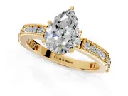 Solitaire Engagement Ring Setting for Pear-Shaped Center with Milgrain-Edged Pave Band and Prong Head in Yellow Gold