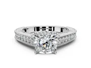 Solitaire Engagement Ring Setting for Cushion Cut Center with Engraved Pave Band and Prong Head in White Gold