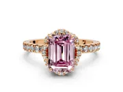 Halo Engagement Ring Setting for Fancy Pink Emerald Cut Center with Openwork Halo, Pave Band and Prong Head in Rose Gold